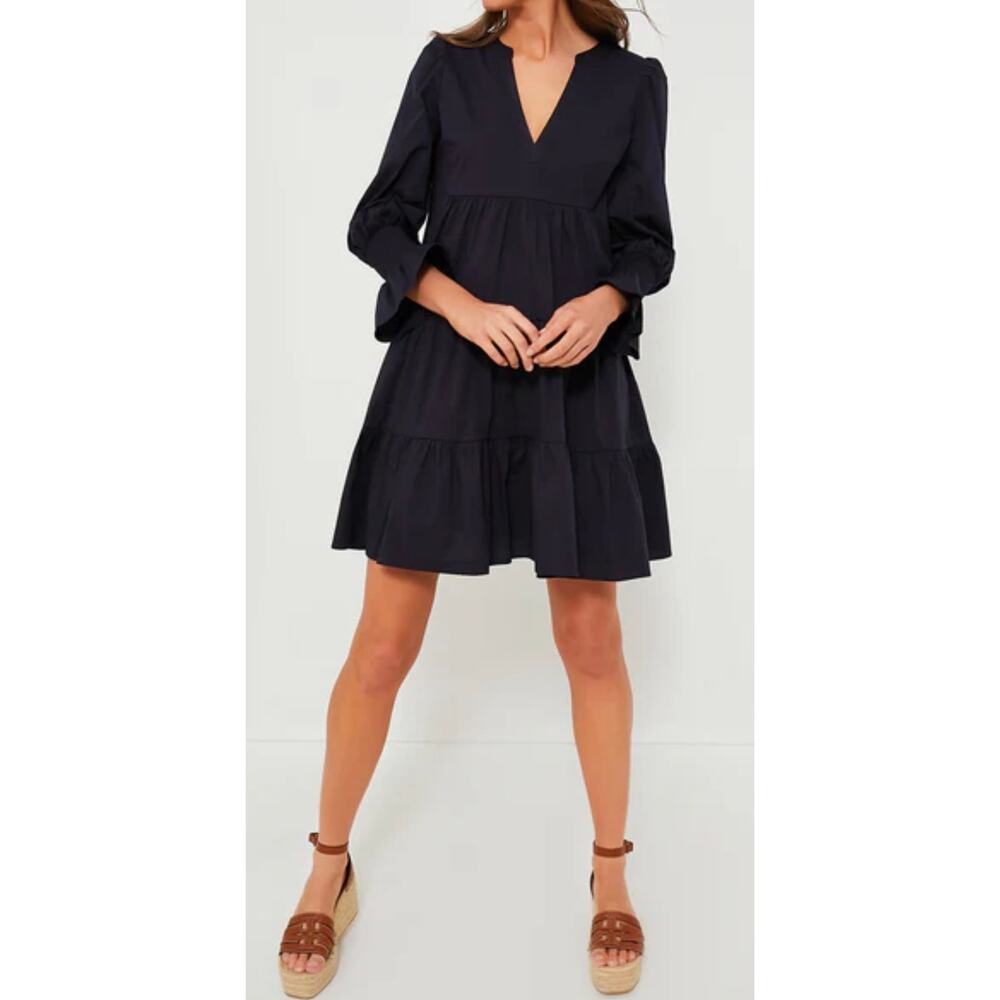 Tuckernuck Pomander Place Mini Dress Navy Blue Long Sleeve Tiered Skirt Small